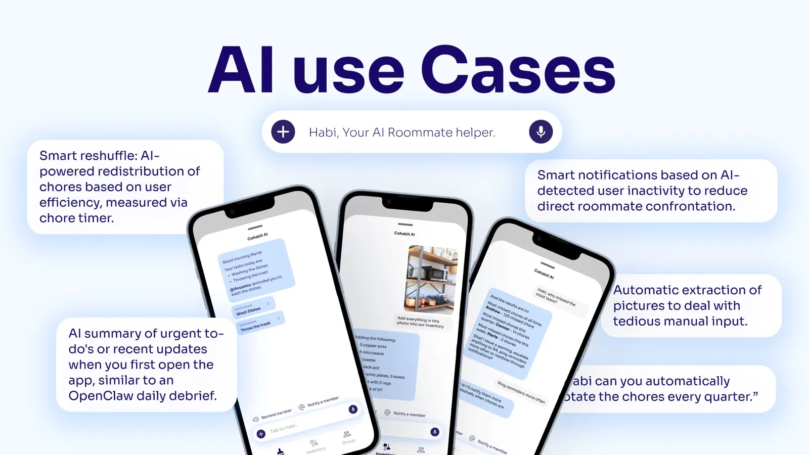 AI use cases slide: three phones showing smart reshuffle, notifications, and photo extraction