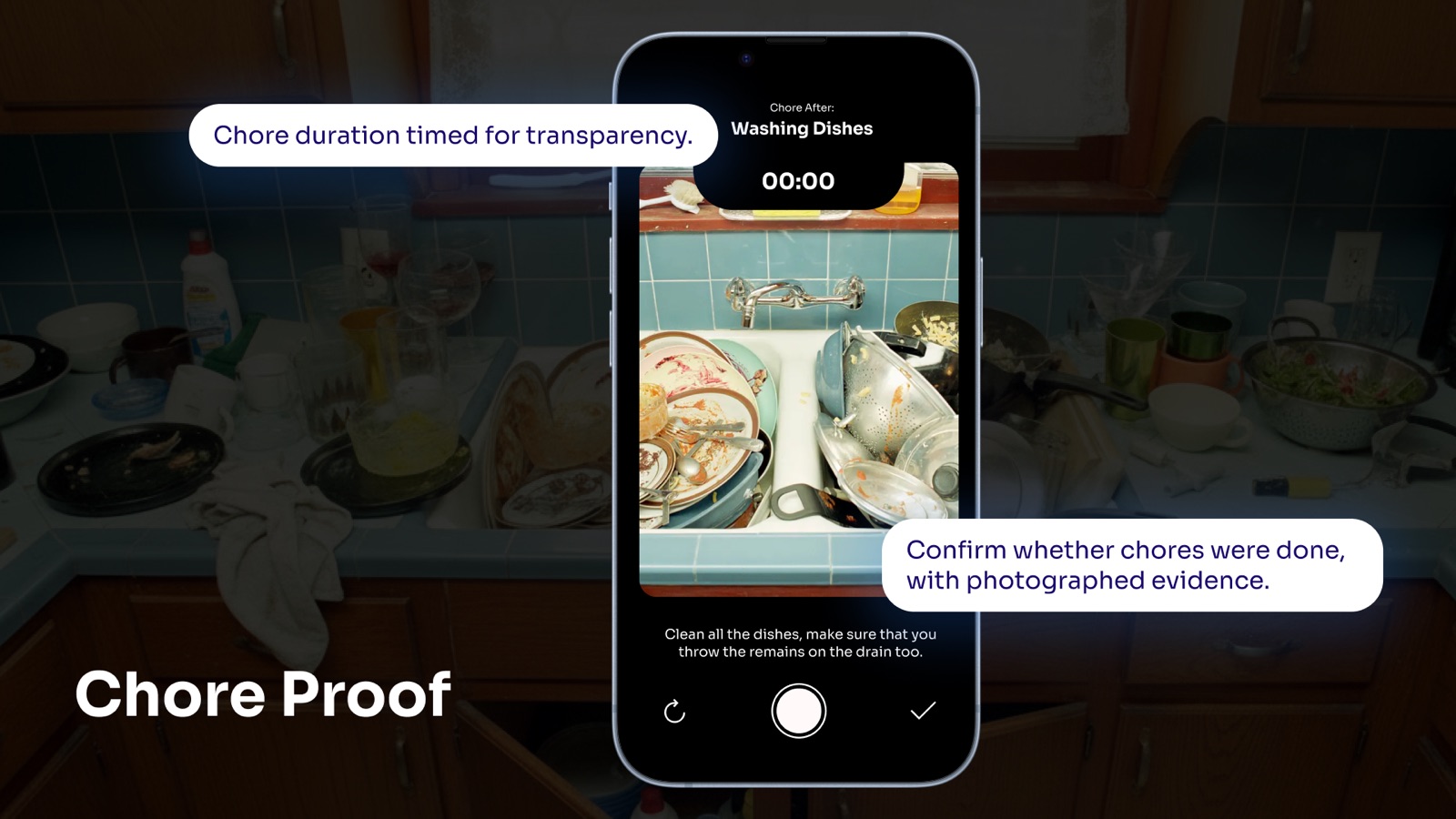 Chore Proof slide: a phone camera view of a sink full of dishes with a running timer