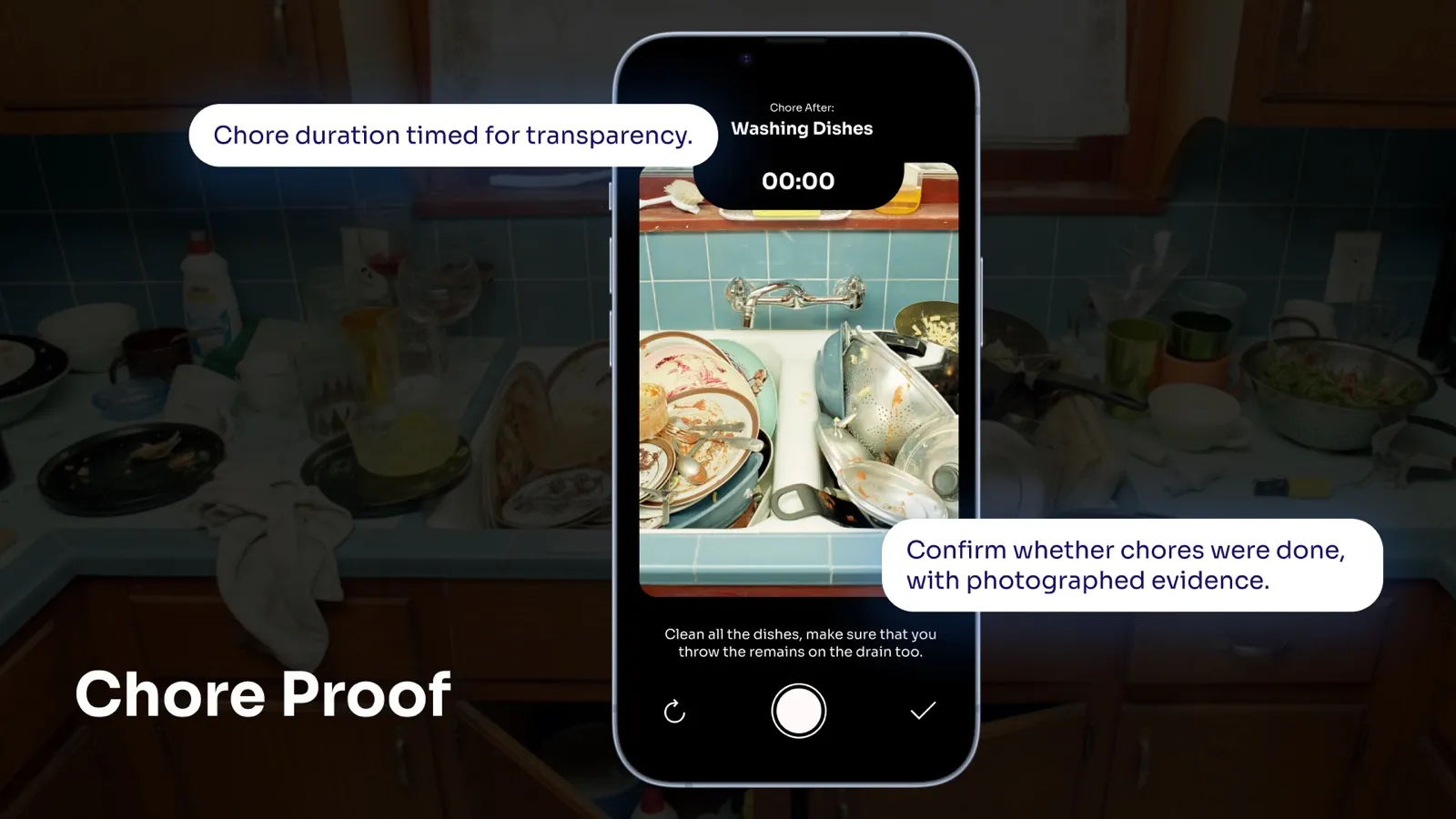 Chore Proof slide: a phone camera view of a sink full of dishes with a running timer
