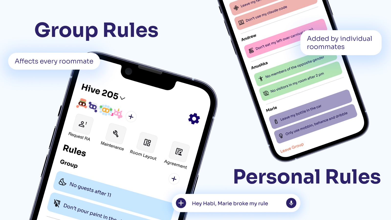 Group Rules and Personal Rules slide: a room hub with shared rules and rules added by each roommate