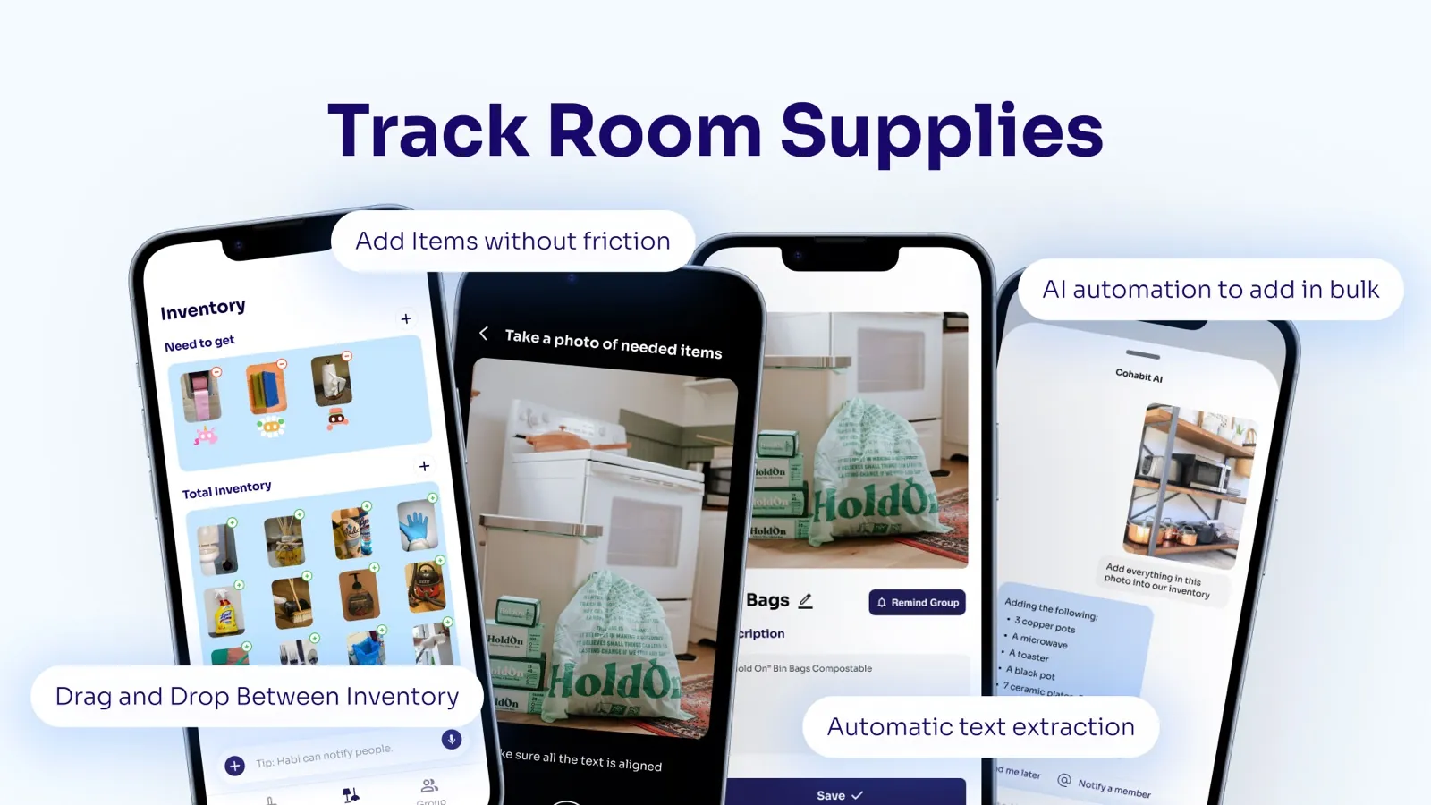Track Room Supplies slide: inventory screens with photo capture and automatic text extraction