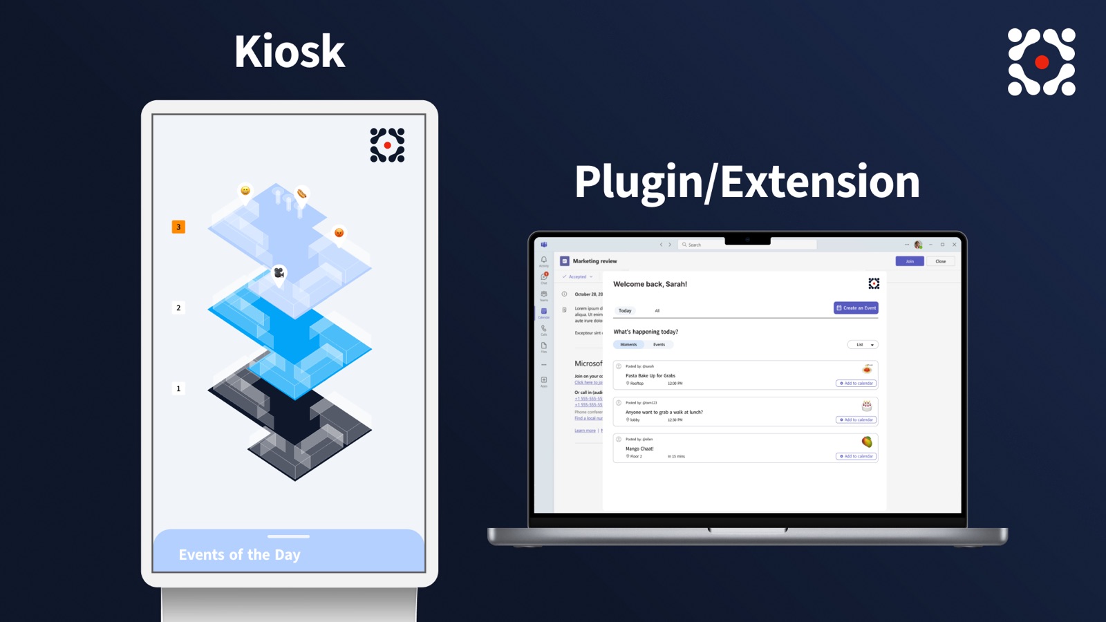 Kiosk and Plugin slide: an isometric office map on a kiosk next to a laptop showing the Teams plugin