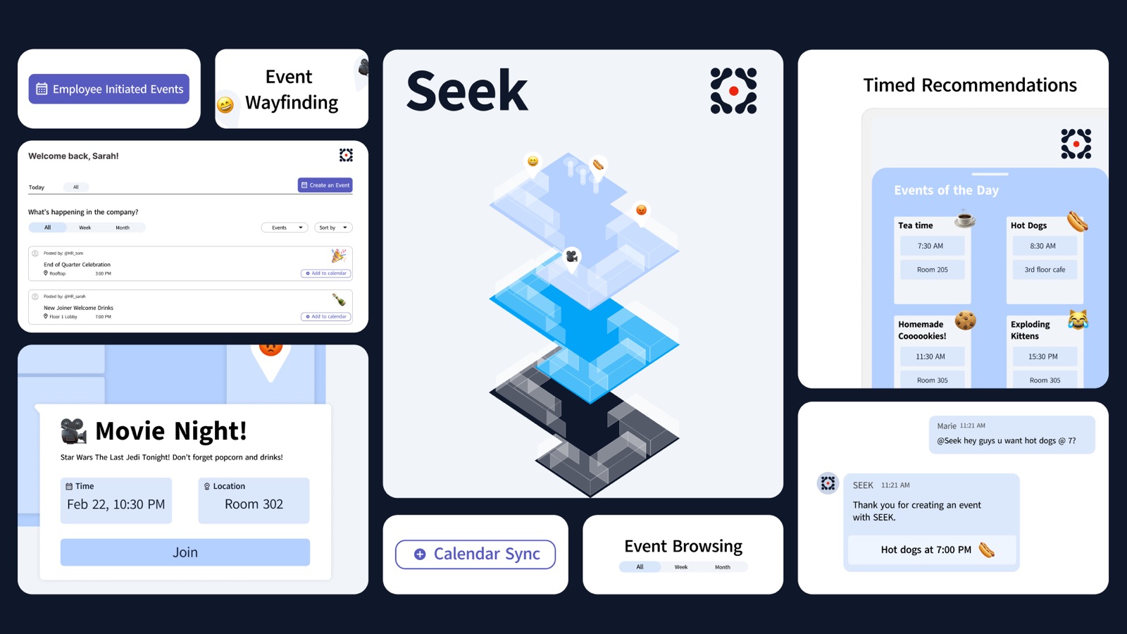 Prototype overview: event cards, wayfinding, a kiosk map, timed recommendations, and a chat bot reply