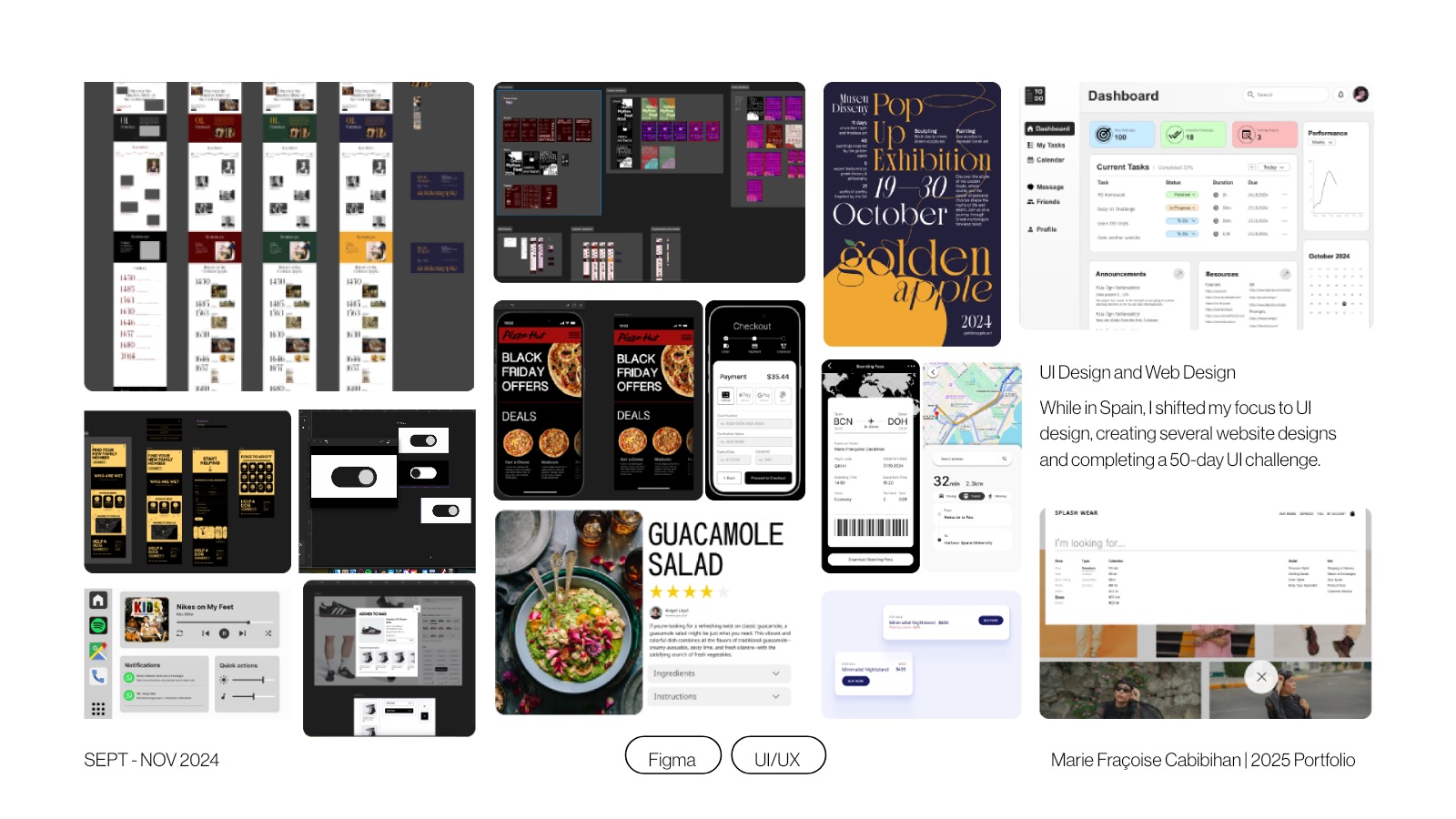 Collage of UI studies: dashboards, checkout flows, a recipe card, and an exhibition poster